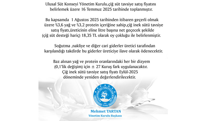 ÇİĞ SÜT TAVSİYE SATIŞ FİYATI